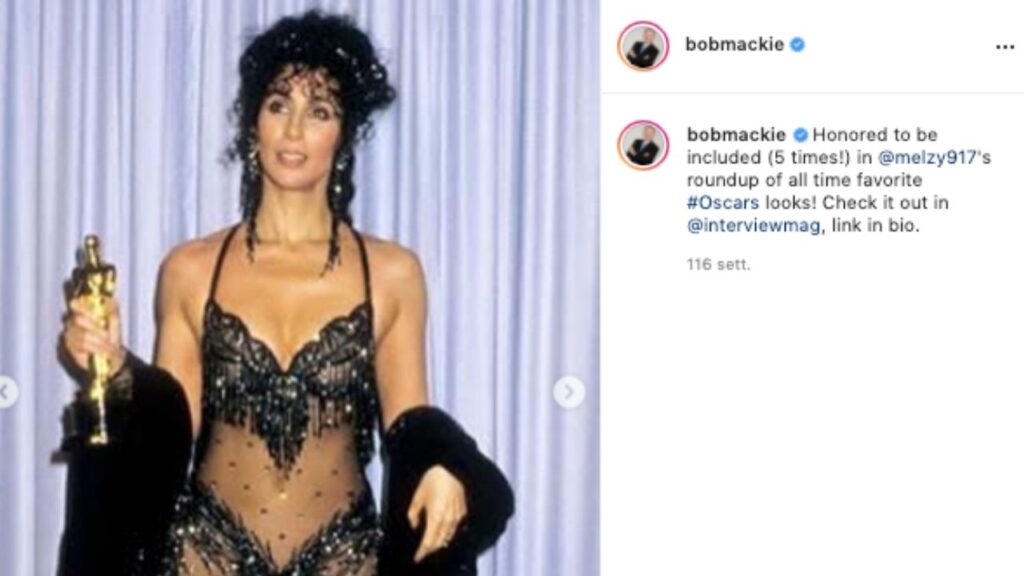 Cher agli Oscar nel 1988 in un abito di Bob Mackie