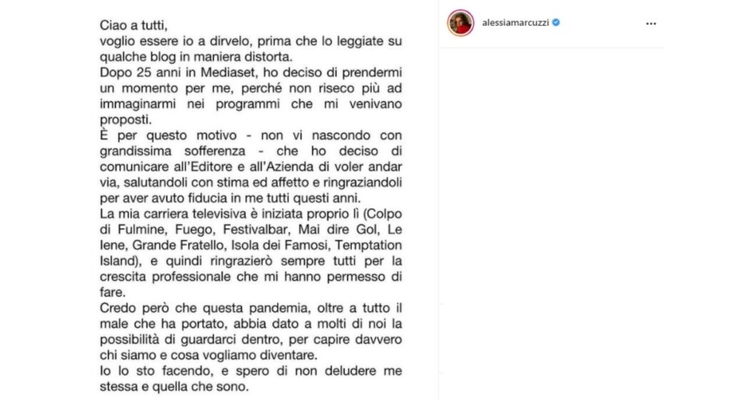 alessia marcuzzi lascia mediaset e lo scrive su instagram