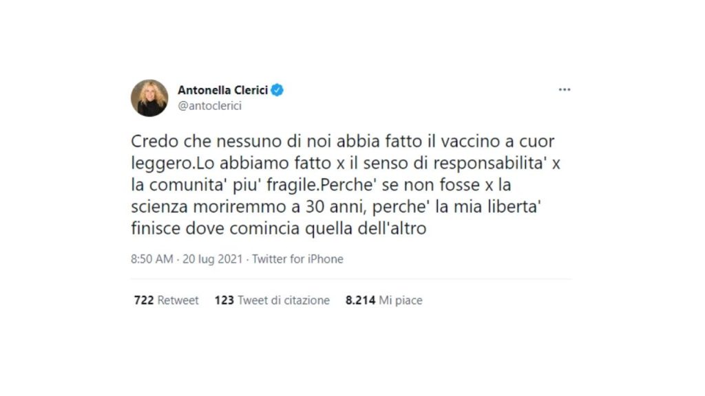 antonella clerici e il tweet sui vaccini anti Coronavirus