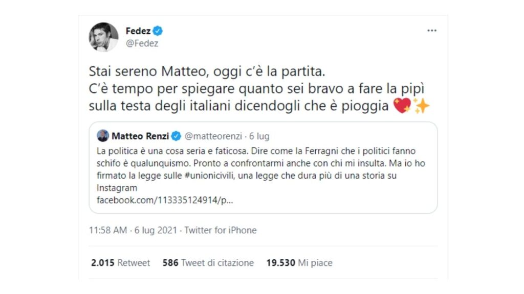 fedez e il tweet in risposta a matteo renzi