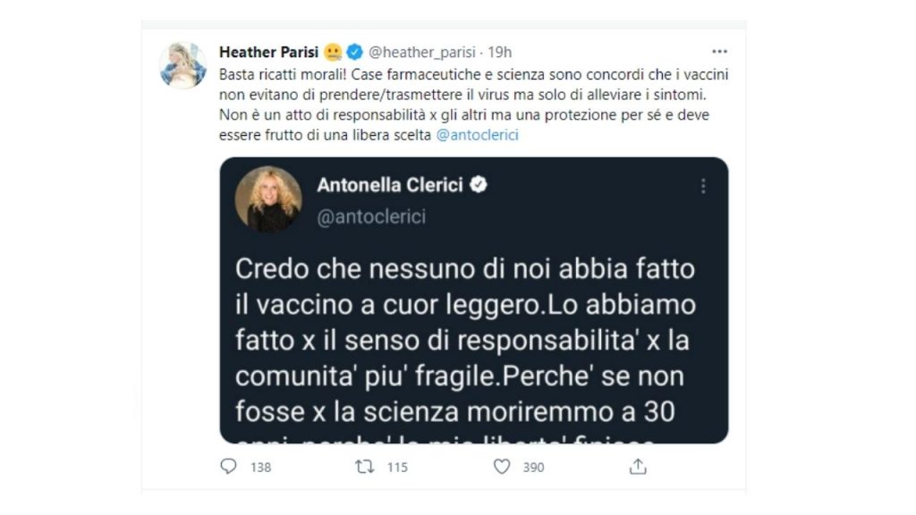 heather parisi risponde ad antonella clerici su twitter 