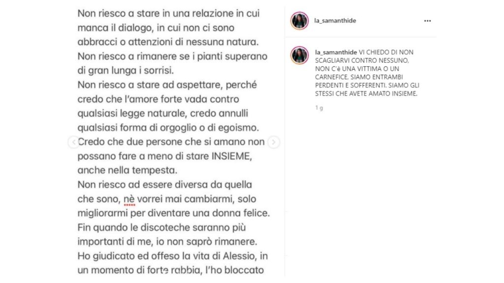 il lungo post di addio di samantha curcio su instagram per l'ex alessio cennicola