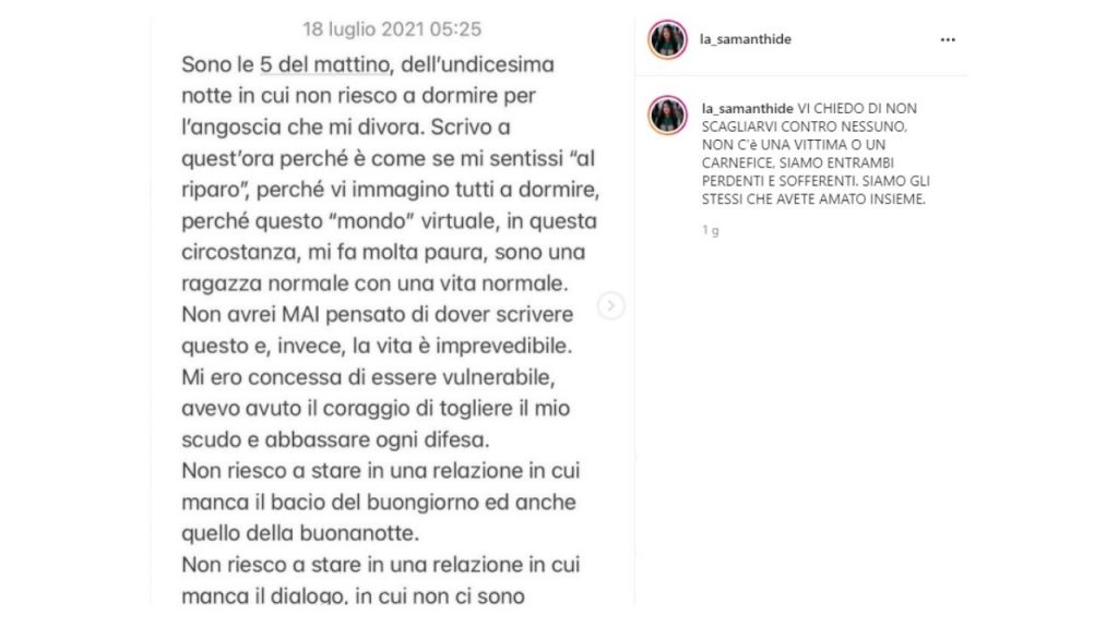 il lungo post di addio di samantha curcio su instagram per l'ex alessio cennicola