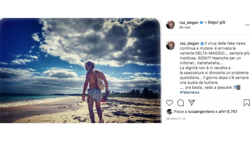 Raz Degan e il nuovo post contro il Grande Fratello Vip