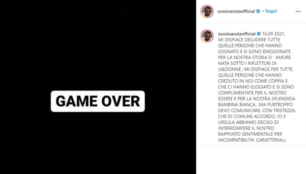 Sossio Aruta il messaggio su Instagram