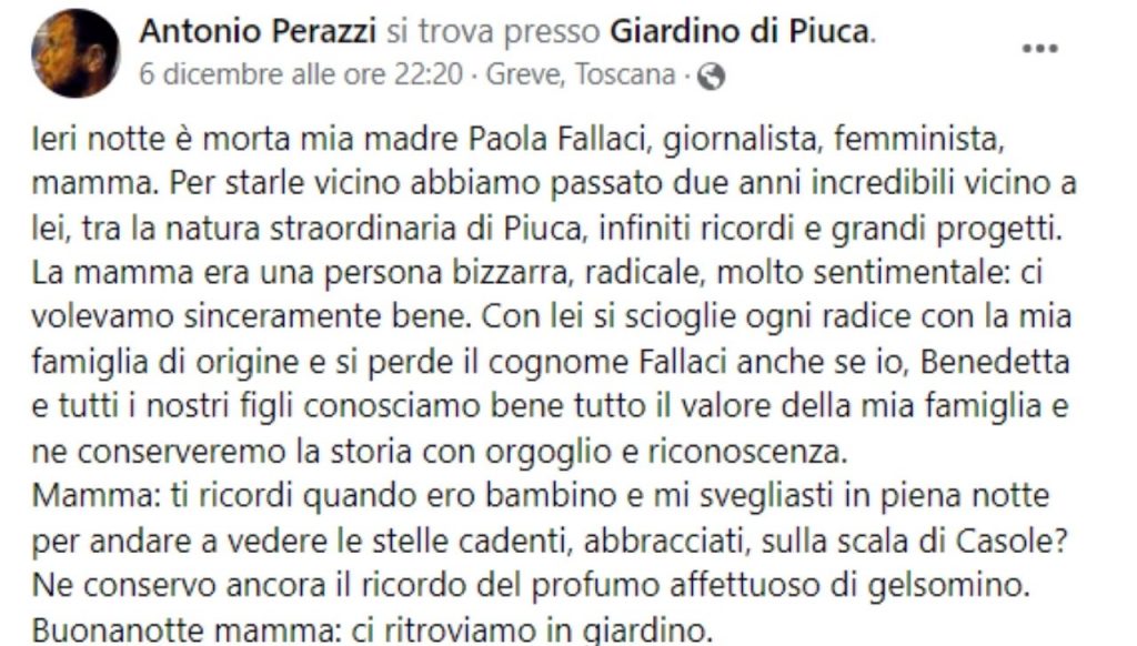 É morta Paola Fallaci: addio alla sorella di Oriana, l'ultima della famiglia 42 Paola Fallaci post facebook