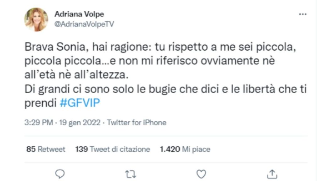 Adriana Volpe contro la bruganelli su Twitter