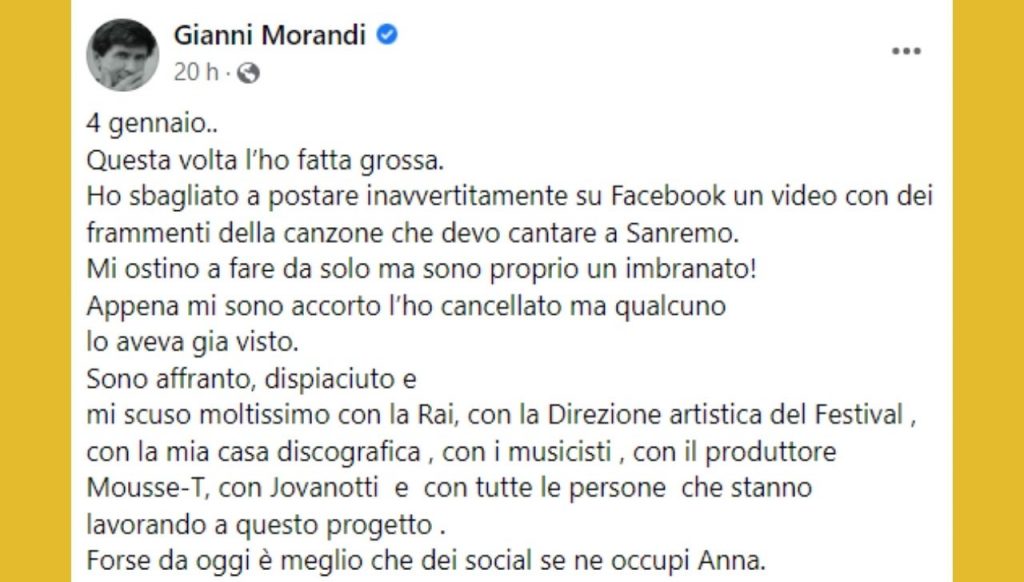 Gianni Morandi Facebook Sanremo