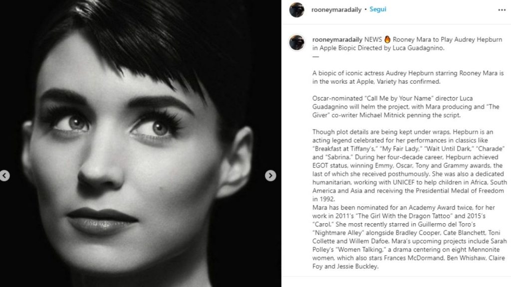 Luca Guadagnino ha scelto la sua Audrey Hepburn: chi è l'attrice Rooney Mara 42 Rooney Mara sarà Audrey Hepburn per Guadagnino