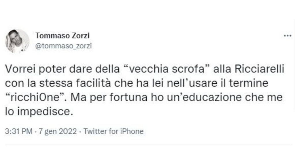 Il tweet di Tommaso Zorzi contro Katia Ricciarelli