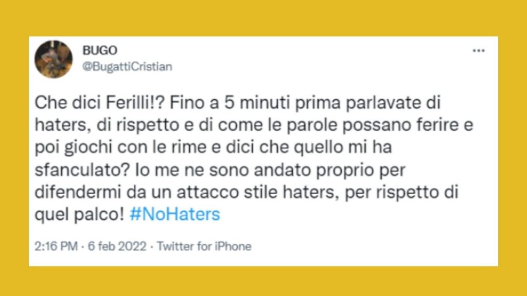 Bugo contro Sabrina Ferilli al Festival di Sanremo: "Che dici Ferilli!?" 42 bugo contro la Ferilli su Twitter