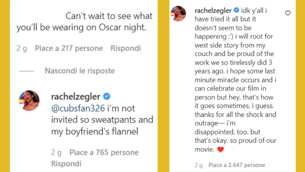 I commenti del post in cui Rachel Zegler annuncia di non essere stata invitataagli Oscar