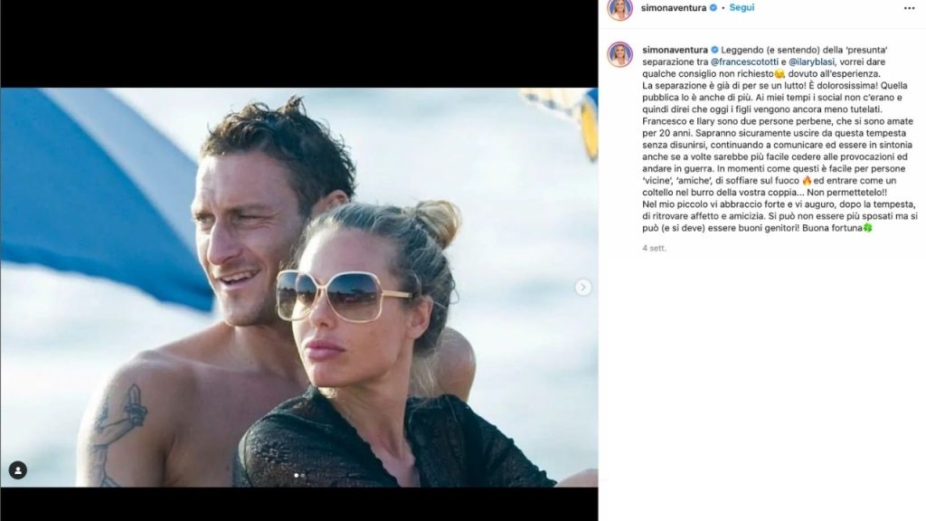 Simona Ventura su Ilary Blasi e Francesco Totti