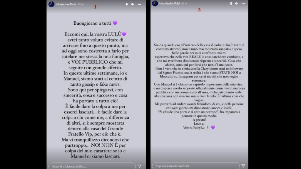 Lulù Selassié sulla rottura con Manuel su Instagram