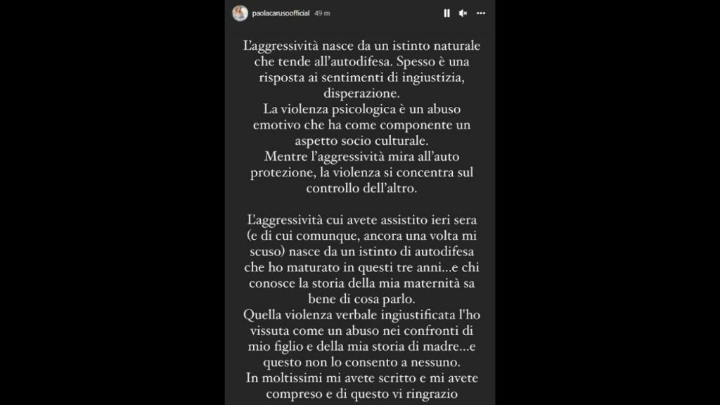 Il messaggio di Paola Caruso su Instagram dopo la squalifica da La Pupa e il Secchione Show
