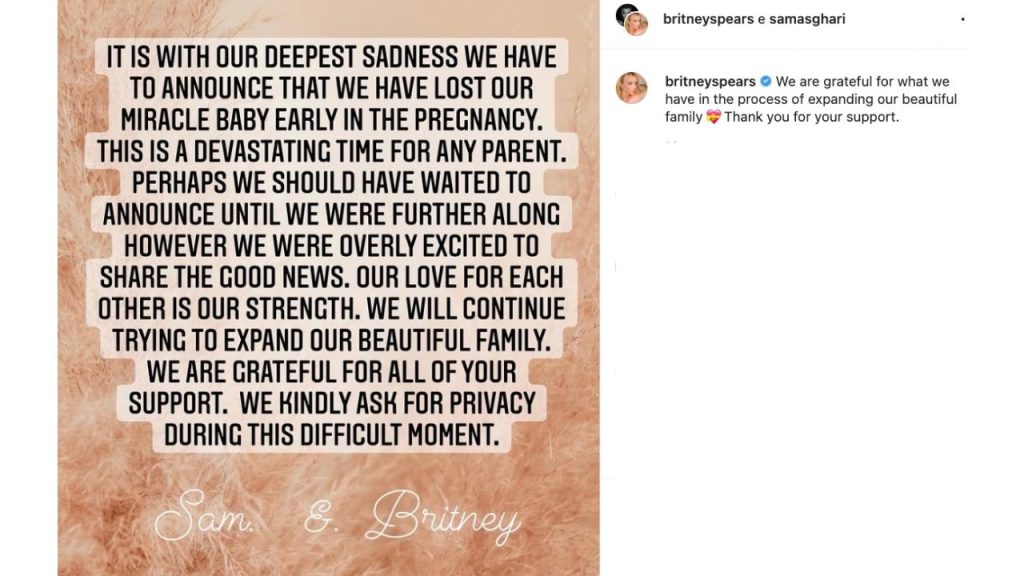 britney spears ha perso il figlio annuncio su instagram