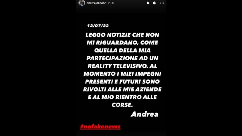 Andrea Iannone smentisce il GF Vip su Instagram