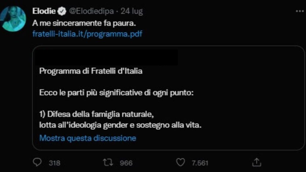 Elodie contro Giorgia Meloni su Twitter