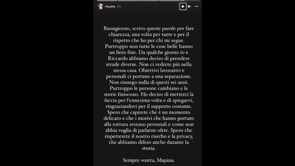 Riccardo Gismondi e Camilla Mangiapelo: annuncio rottura Instagram