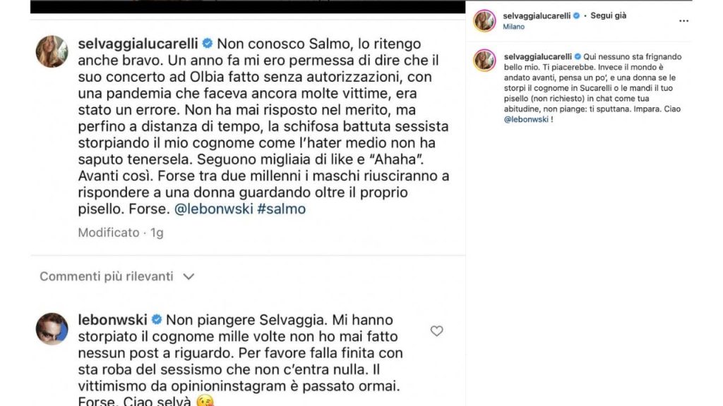 Selvaggia Lucarelli e Salmo scontro su Instagram