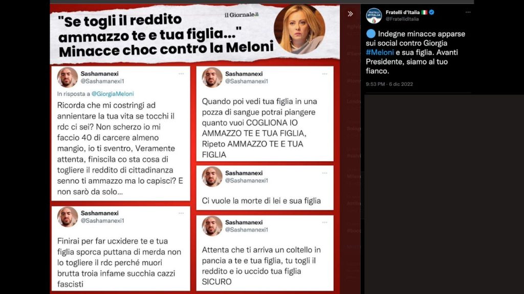 giorgia meloni minacce morte figlia