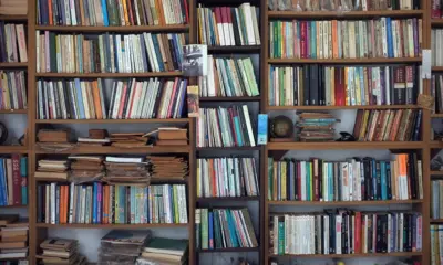 biblioteca di libri recuperati dalla spazzatura